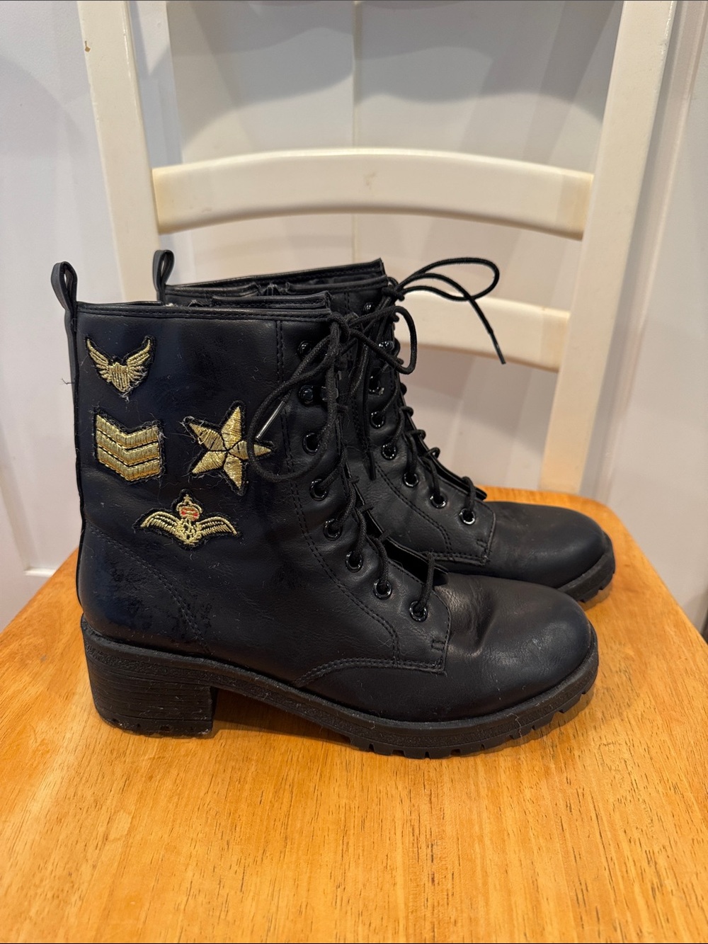 Madden Girl Black Lace-Up Combat Boots with Gold Patch Details